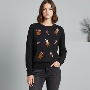 Victoria Harbour Black Christmas Sweater Sequin Gingerbread Candy Cane Size L